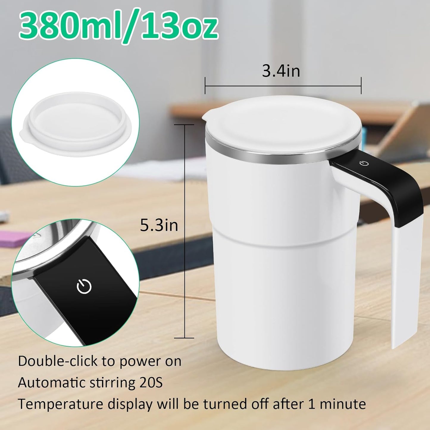 Self Stirring WHITE Mug.Auto Magnetic coffeeMug with LED DisplayTemperature.Rechargeable AutomaticStirring cup. 12oz selfMixing cup with Lid ToStir Coffee Mixed Milk atDeskUse