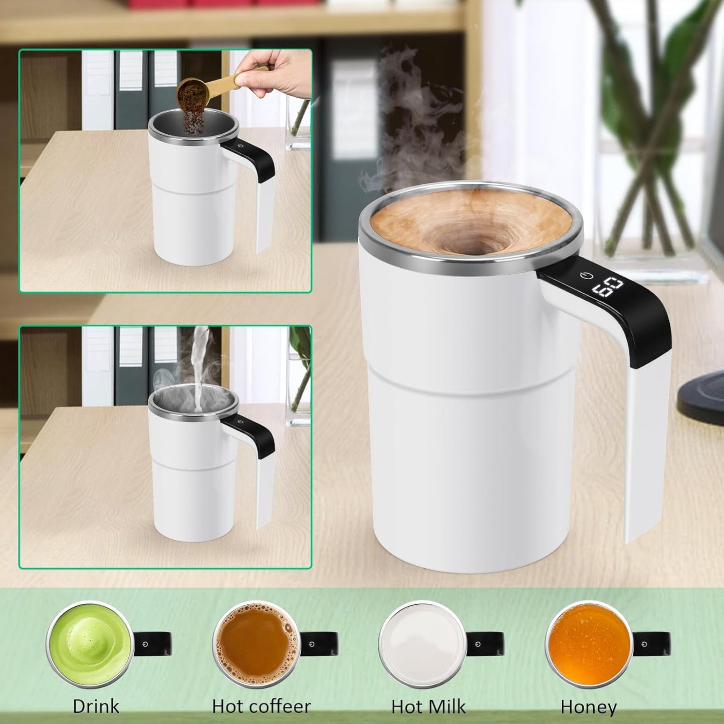 Self Stirring WHITE Mug.Auto Magnetic coffeeMug with LED DisplayTemperature.Rechargeable AutomaticStirring cup. 12oz selfMixing cup with Lid ToStir Coffee Mixed Milk atDeskUse