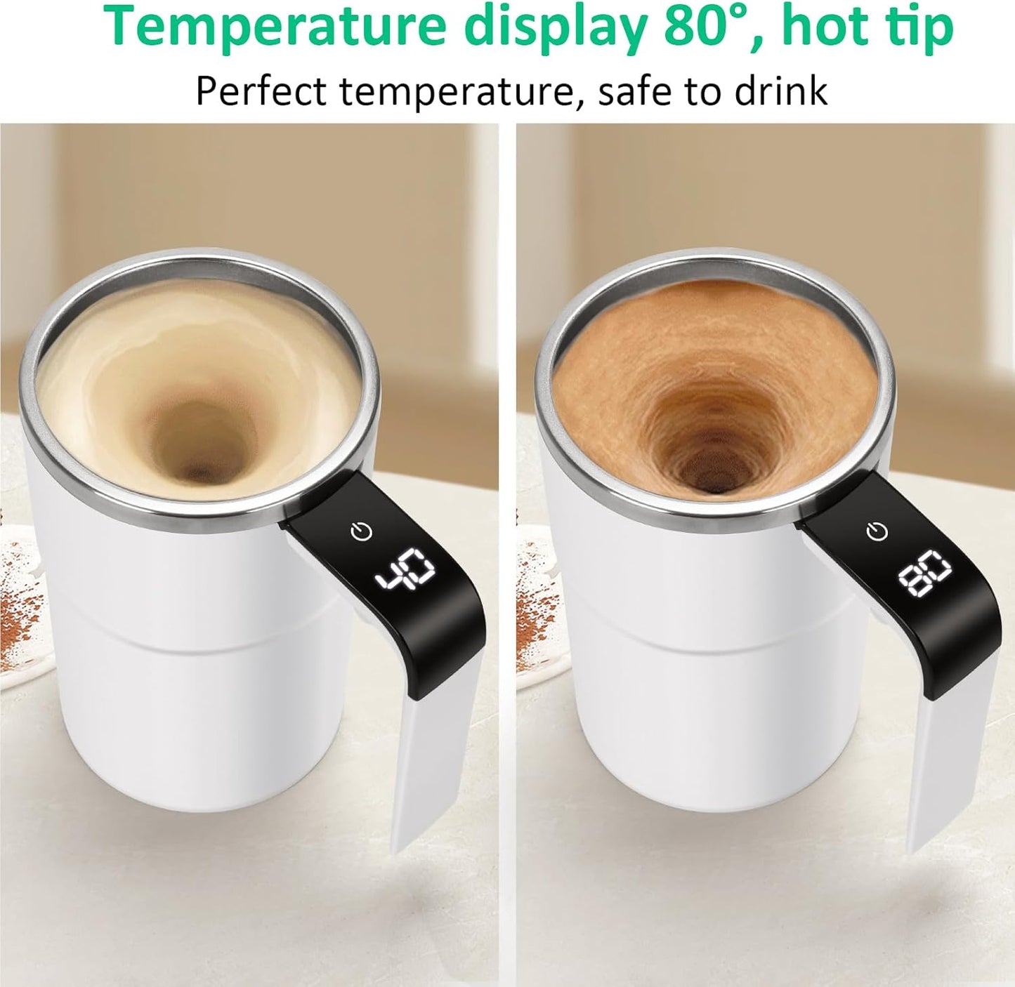 Self Stirring WHITE Mug.Auto Magnetic coffeeMug with LED DisplayTemperature.Rechargeable AutomaticStirring cup. 12oz selfMixing cup with Lid ToStir Coffee Mixed Milk atDeskUse