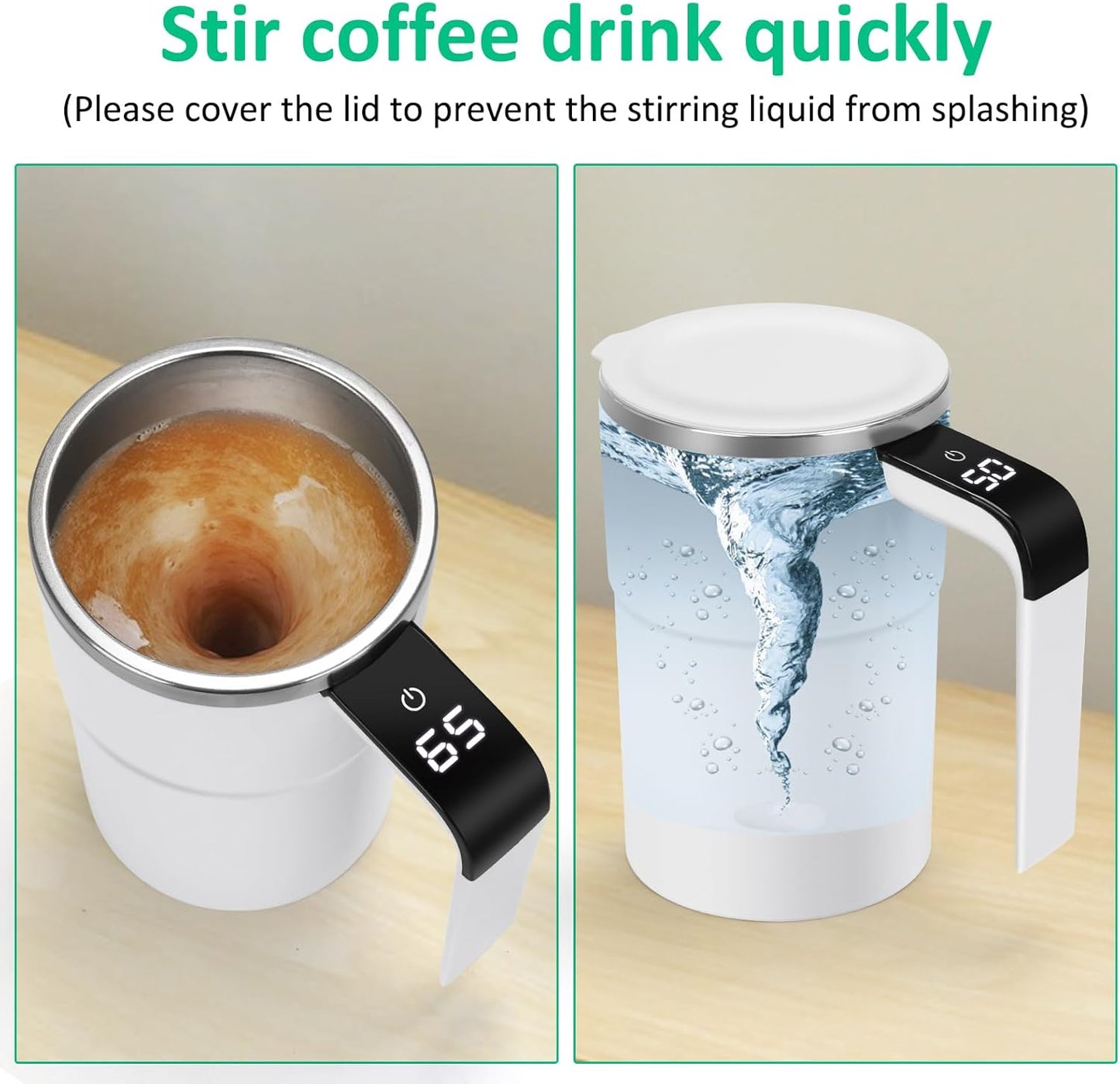 Self Stirring WHITE Mug.Auto Magnetic coffeeMug with LED DisplayTemperature.Rechargeable AutomaticStirring cup. 12oz selfMixing cup with Lid ToStir Coffee Mixed Milk atDeskUse